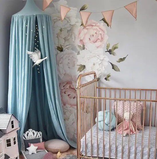 canopy garland floral wallpaper shiny baby crib