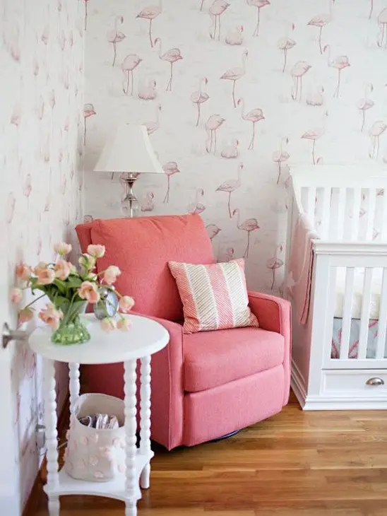 flamingo wallpaper pink rocking chair girl bedroom decor